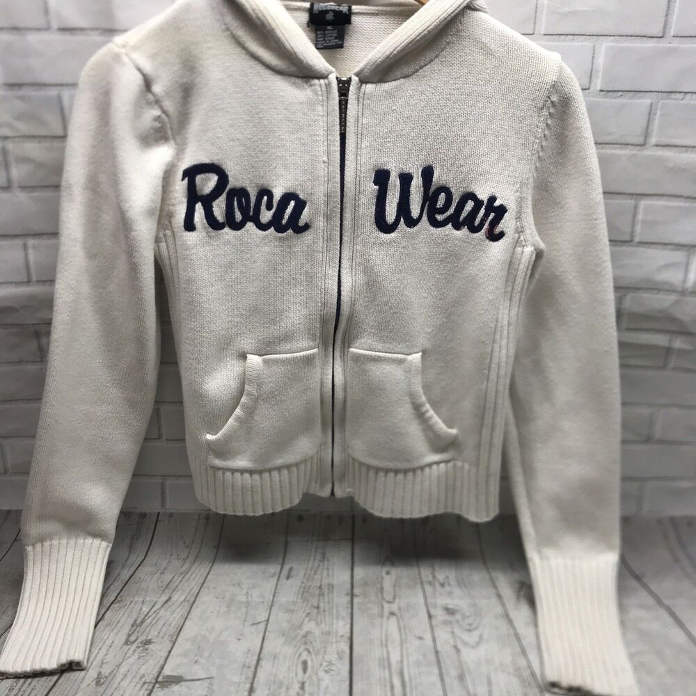VTG Rocawear Junior Sweater Size XL Hoodie Long Sleeve Full Zip Off White Y2K